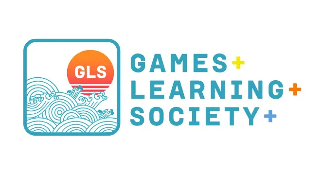 Games Learning Society Logo in a blue square with ocean waves with an orange circle on top of the waves with the letters GLS inside